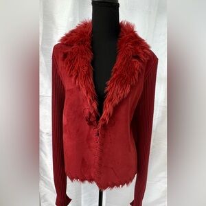 MONTANA CO Rust Faux Fur Suede Sweater Coat BOHO CELEBRITY CHIC FESTIVAL Size L